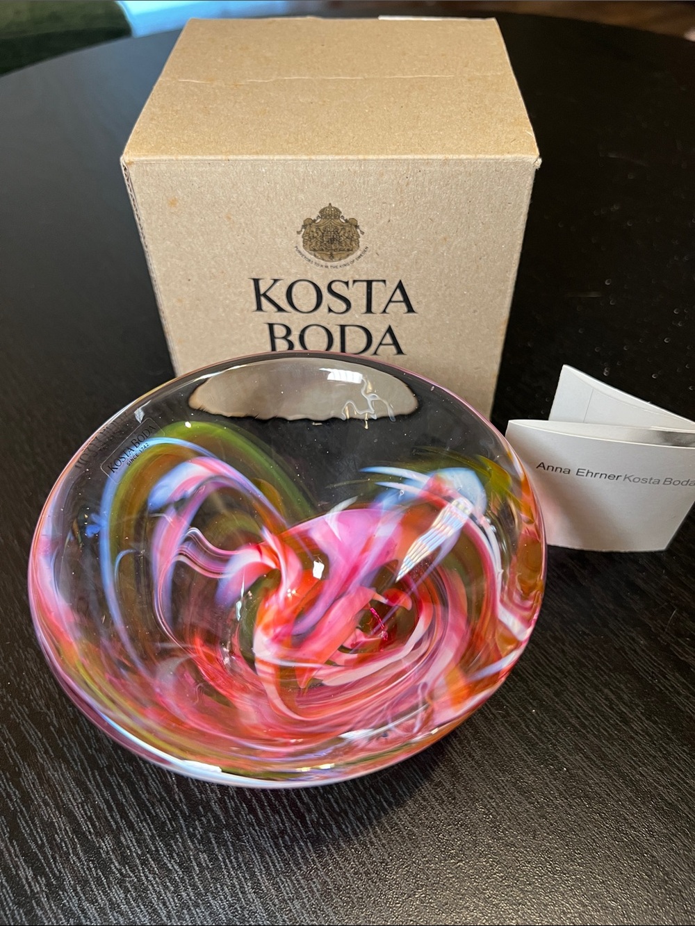 VTG Kosta Boda Tempera Pink Swirl Art Glass Bowl designed by Anna Ehrner Sweden